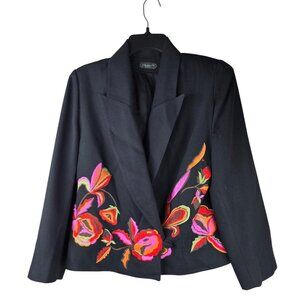 Vintage Wool Blend‎ Black Boho Embroidered Floral Blazer Sz M/40 By Atakol